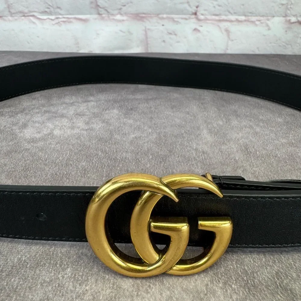 Gucci Slim Leather Marmont Gg Double Belt Black 80/32” 414516 - Picture 3 of 10